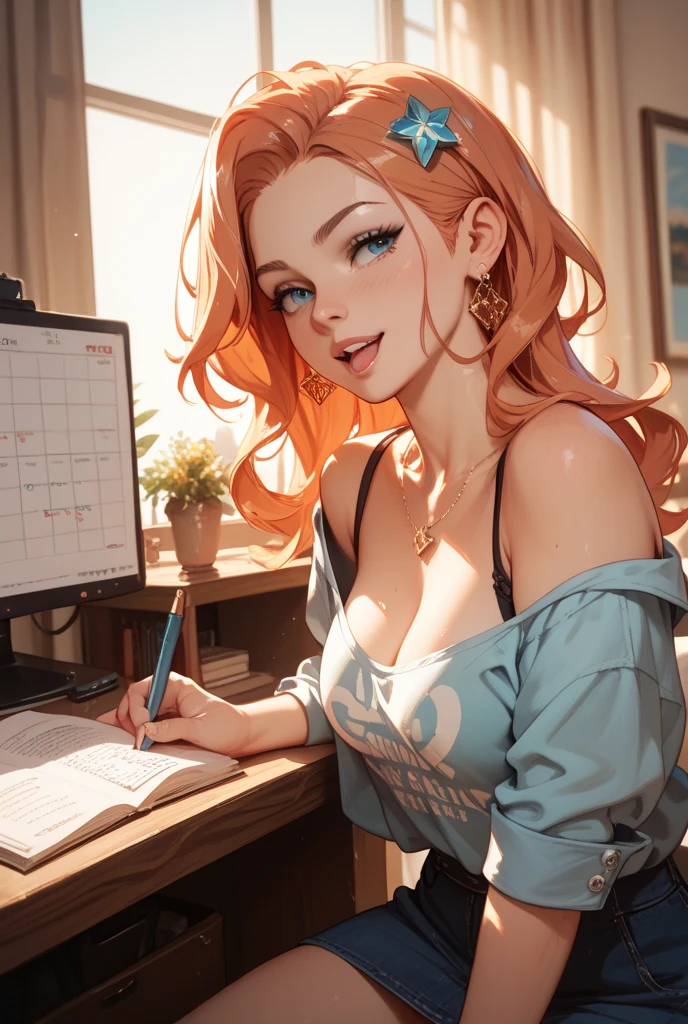 (masterpiece best quality), solo, 1girl, thick lips, blue eyes, ginger hair, tan, money tuck, bedroom, window, scoop neck, half up half down hair, hair ornament, large breasts, jewelry, plant, detailed illustration, restaurant, sitting at table, hoodie, cleavage
