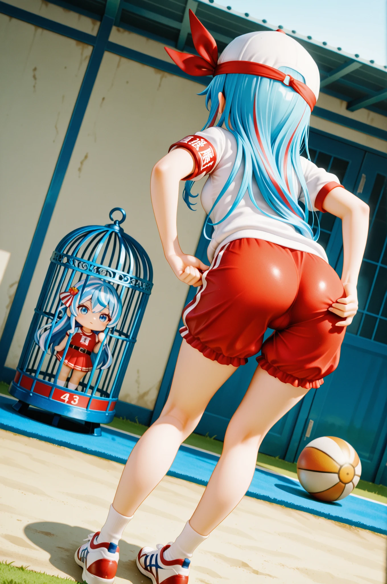 little red riding hood,Sitting,Spreading legs,black tight high sox,Light blue and white striped panties