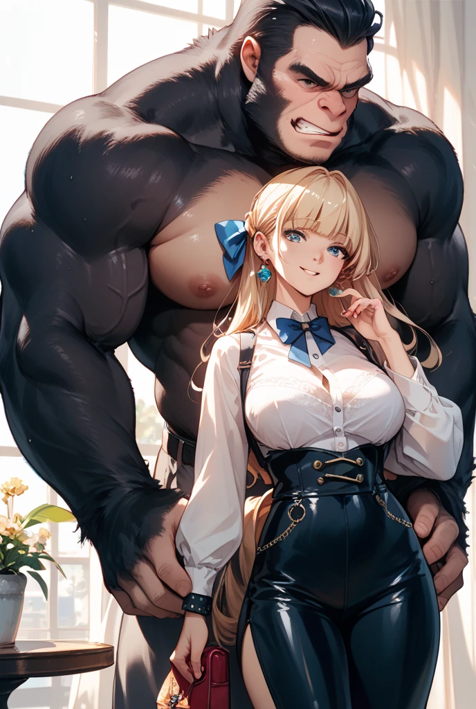 masterpiece, best quality,anime style, 1 girl,(((slender body))), (((small breast))),(((hot pants, white tanktop,red tie,glasses))),(((((a gorilla man grabbing the girl))))), ((((restrained, arms behind back)))),((((cum)))), (beautiful face), (((long hair))), (((straight hair))), ((((silver hair)))),detailed beautiful skin, (perfect hands, perfect anatomy)