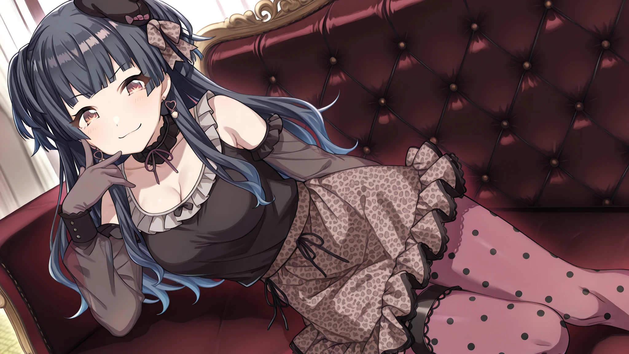 (masterpiece), best quality, high resolution, anime girl, (Shalltear:1.2) from overlord, laying on bed with hand on chin, dreaming, blue eyes, (dark hair:1.1, twintails:1.2), soft pastel colors, warm lighting, subtle shadows.