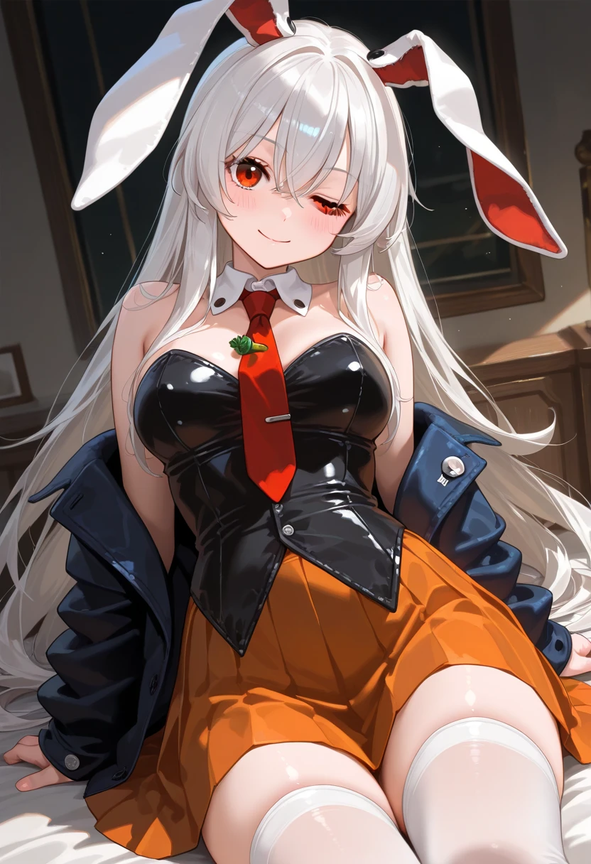(rabbit tail:1.1), 1 rabbit girl, (ruby eye:1.1), (rabbit fluffy ears:1.1), smile, (one eye closed:0.8), parted lips, side ponytail, red playboy bunny, red elbow gloves, (red stockings:0.8), (head tilt:1.1), arms behind back, bent over, between legs, (casino:0.9), sharp focus, looking at viewer, cowboy shot, (intricate:1.1), (light red theme:1.2), (light red tone:1.2), (gold tone:1.1), illustration,
