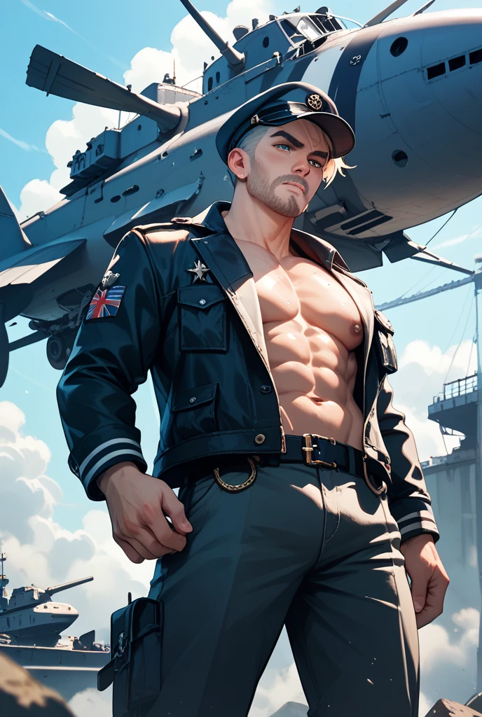 Jack Dawson titanic style, beautiful features, wide smile, militar clothes, (muscle body) ((scars on his face)),outside at the camp training , dominant aura, ethereal, ((green eyes)), realistic, (((solo))), 8k, hyperrealism, perfect body, militar, dangerous job, best quality, realism, he's on duty, militar shirt and pants, combat boots, holding a gun, jack dawson hair and face, force team, militar clothing, realism, 8k, illustration, masterpiece