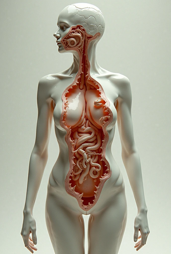 Skinny girl, fully nude, ripping open her rib cage with her bare hands. Organs spilling out, graphic