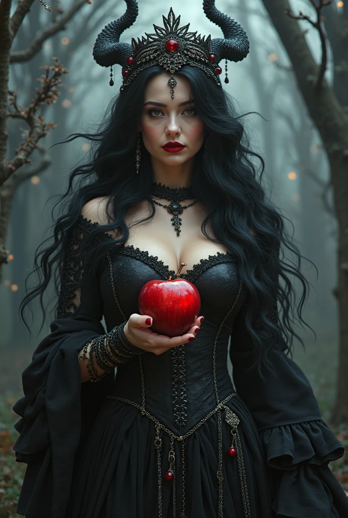 Kizi,black hair long，RAINHA NEGRA，Accessories，apple in hand，poisonous apples，Witch Queen，red lipgloss stick
