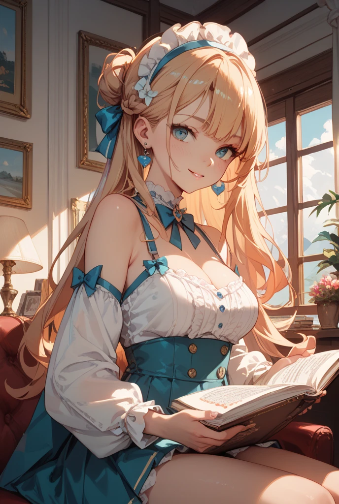 最high quality、Best image quality、masterpiece、With a girl((cute、16 years old、Best Bust、Medium Bust、Beautiful Blue Eyes、Spread your chest wide,Blonde、Slender、The best valley、Blue Tank Top、Blue trousers,Show the whole body、Blue Mesh,swim,smile))high quality、Beautiful art、background((summertime、large room、cooler、Fan、See-through curtains、White bed、A large number of books)),Tabletop、Exquisite design、Visual Arts、Depth of written boundary、Best lighting、Highest detail、8k