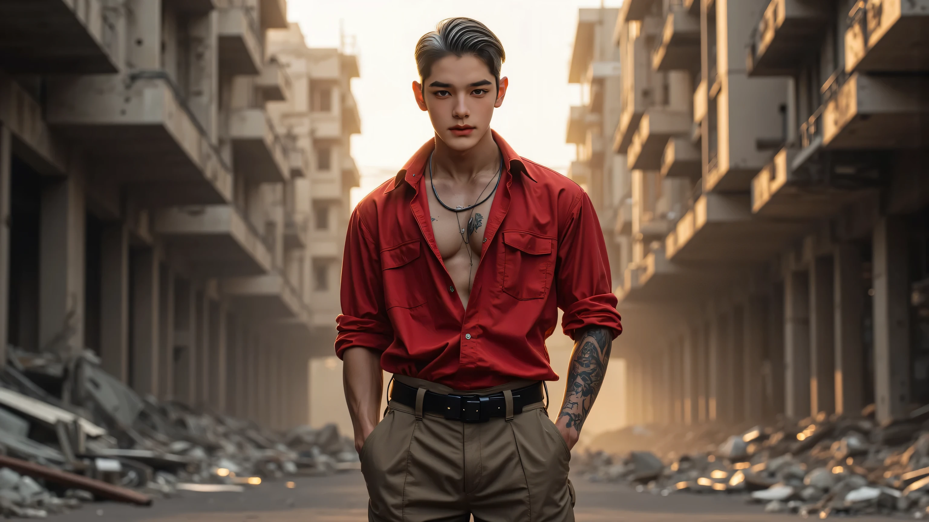 An Asian man in his 20s is wearing a jacket and jeans, along with a headband featuring the Thai flag. He is using a katana to fight a zombie in the city. The background depicts a world overrun by zombies in Thailand. In the scene, the zombie is approaching the man from the front, while the man, positioned in the left corner of the picture, is looking directly at the camera with a hateful expression.