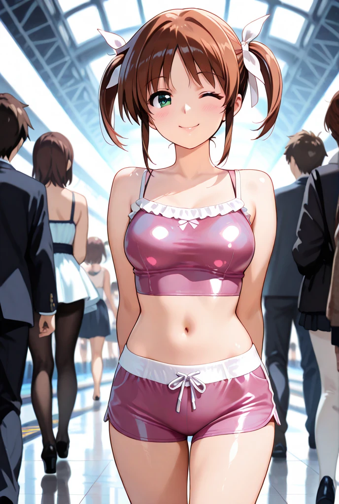 horikoshi kouhei, 1girl, :d, absurd, arms behind back, bangs, blush, boku no hero academia, breasts, brown eyes, brown hair, fengling (furin-jp), highres, looking at viewer, medium breasts, mouth open, pantyhose, bikini, short hair, sidelocks, smile, solo, standing, uraraka ochako, red from embarrassment, in public, small red bikini, micro bikini, walking in public, ((surrounded by people, micro bikini )), loose breasts, medium breasts, a lot of cum in the priits, a lot of sperm, sperm in the breasts, micro bikini