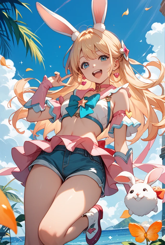Backgrounds are beach, torii, rabbit ears, abs, small, no breast bulge, bikini, thick eyebrows, beautiful eyes, mushrooms growing from the head, evil smile, beautiful blonde, ((masterpiece)), ((best quality)), (super detailed), cute girl, one girl, solo, beautiful girl in full body anime, (((beautiful eyes)), anime girl, happy and cute face, beautiful detailed eyesclean and detailed face, 5 fingers, textile shading, perfect anatomy,