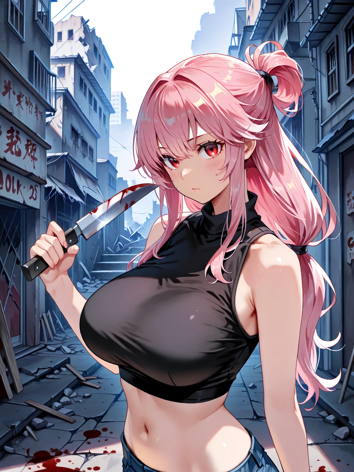 "(mulher bonita, sedutora) segurando uma (katana), (cabelo longo e rosa), (olhos azuis), (roupa branca), (estilo anime 8k), (imagem ultra detalhada), (cidade)"
