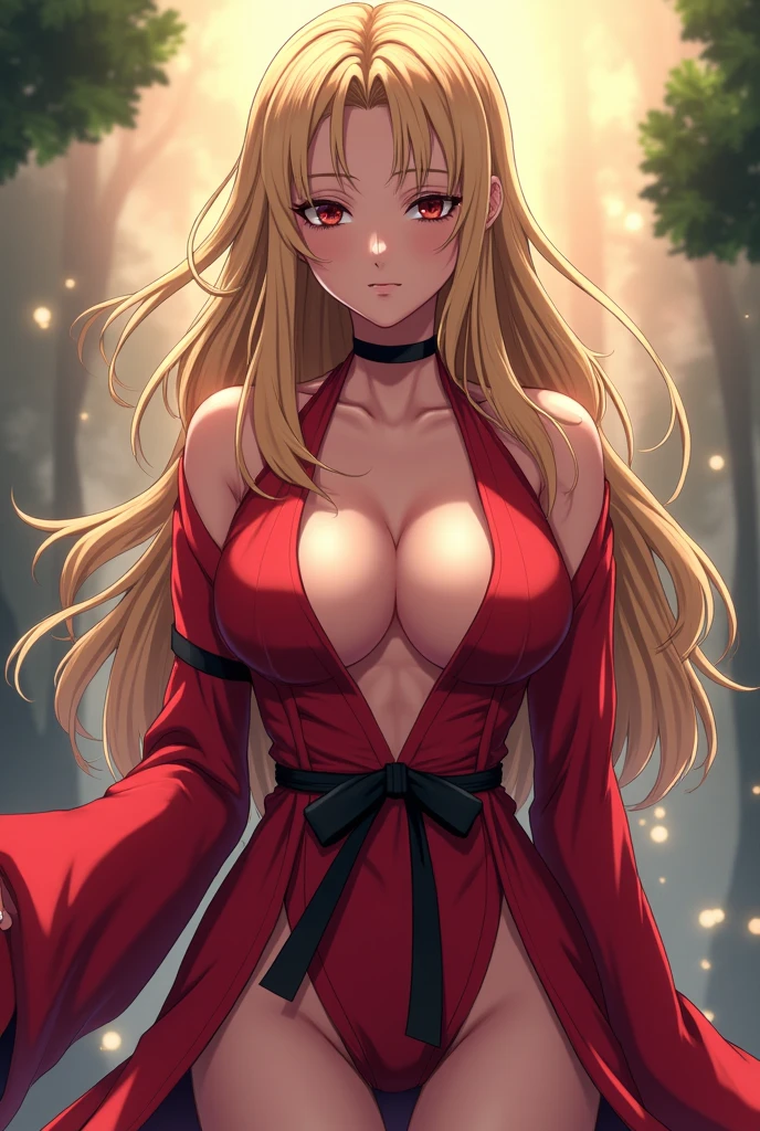 masterpiece, best quality, highres, (kitagawa marin), 1girl, blonde hair, long hair, swept bangs, gradient hair, red eyes, jewelry, earrings, piercing, glossy lips, lips parted, short dress, cleavage, cowboy shot, witch hat, holding wand, forest, skinny, slender