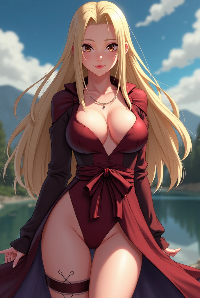 masterpiece, best quality, highres, (kitagawa marin), 1girl, blonde hair, long hair, swept bangs, gradient hair, red eyes, jewelry, earrings, piercing, glossy lips, lips parted, short dress, cleavage, cowboy shot, witch hat, holding wand, forest, skinny, slender