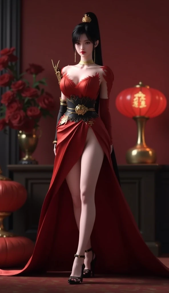 Highly detailed, High Quality, Masterpiece, beautiful, Glitching, glitch, solo, Girlfriend, red dress, curvy hourglass figure, full body.