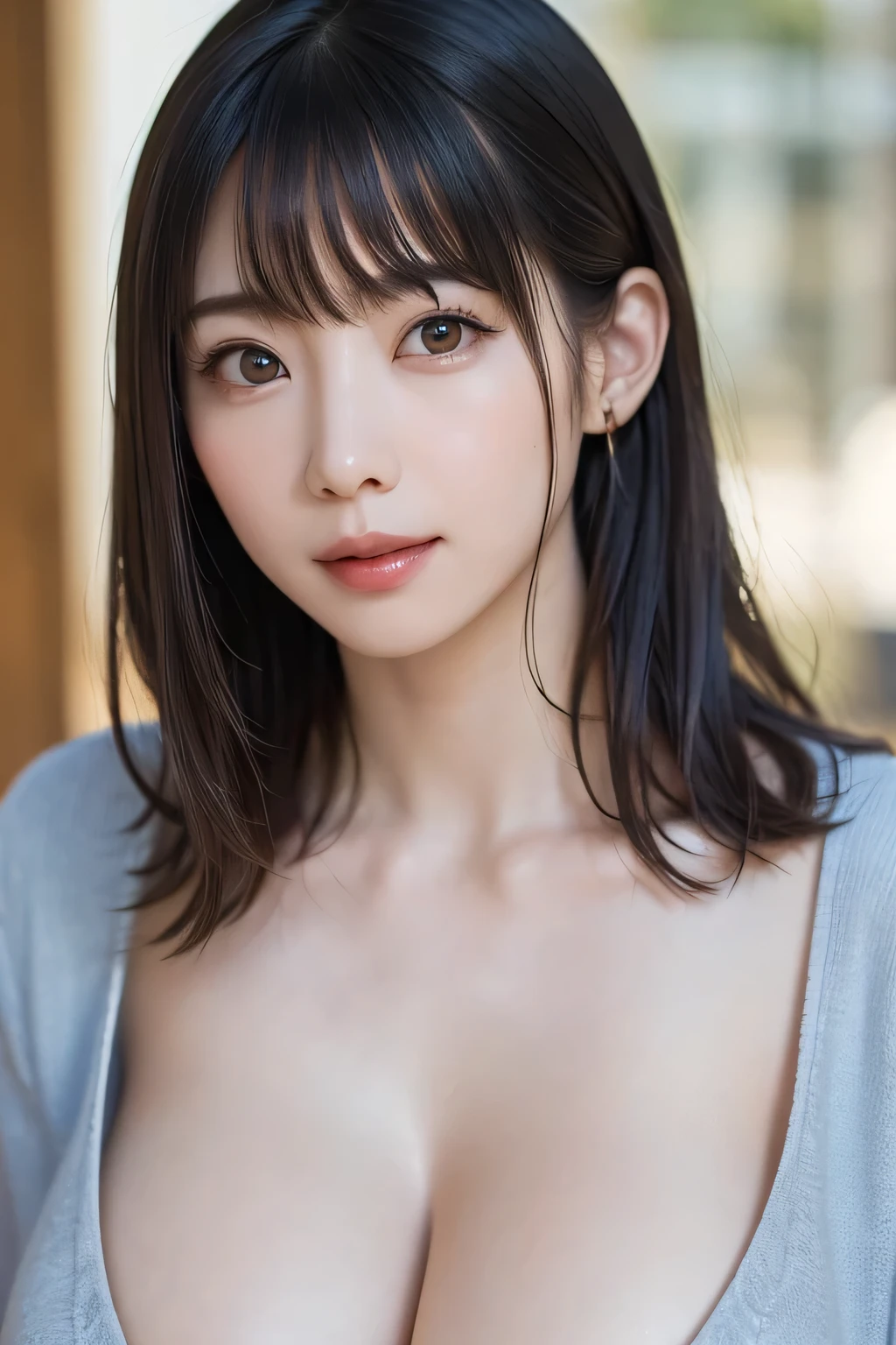 (Tabletop, Highest quality、High definition:1.4、Very attractive beauty、Add strong highlights to the eyes、Please look closely at the camera:1.4、A charming beautiful woman、Ideal body proportions、Perfect Anatomy、Short brunette bob hair、Shiny Hair、Bans:1.4、光沢のあるBans:1.4、Lip gloss),One Girl, Report, 明るい茶色のShiny Hair, Scarf,Realistic, Looking at the audience、Please tilt your head a little, Bright colored crystal light blue eyes, 短いShiny Hair、 chestの中央に穴が開いた白いタートルネックの服,chestの真ん中に丸い穴が開いたセクシーな白いタートルネックのニットセーター、 Lips, Lip gloss, Upper body、Big eyes、Eyelashes、My face got a little red、Embarrassing)、((Italian roads in winter))、((short hair with Big eyess、Give students a very strong highlight、{huge|big|hugeな|Mega} chest:1.6、very bigger chest、Staring at the audience、Very beautiful beauty、Listen carefully、Long neck、smile、smile、Happy、Beautiful Teeth、口を開いてsmile、Heart-shaped pupils))、2、Very cute supermodel、{gigantic|big|huge|mega} breasts:2, cleavage:2