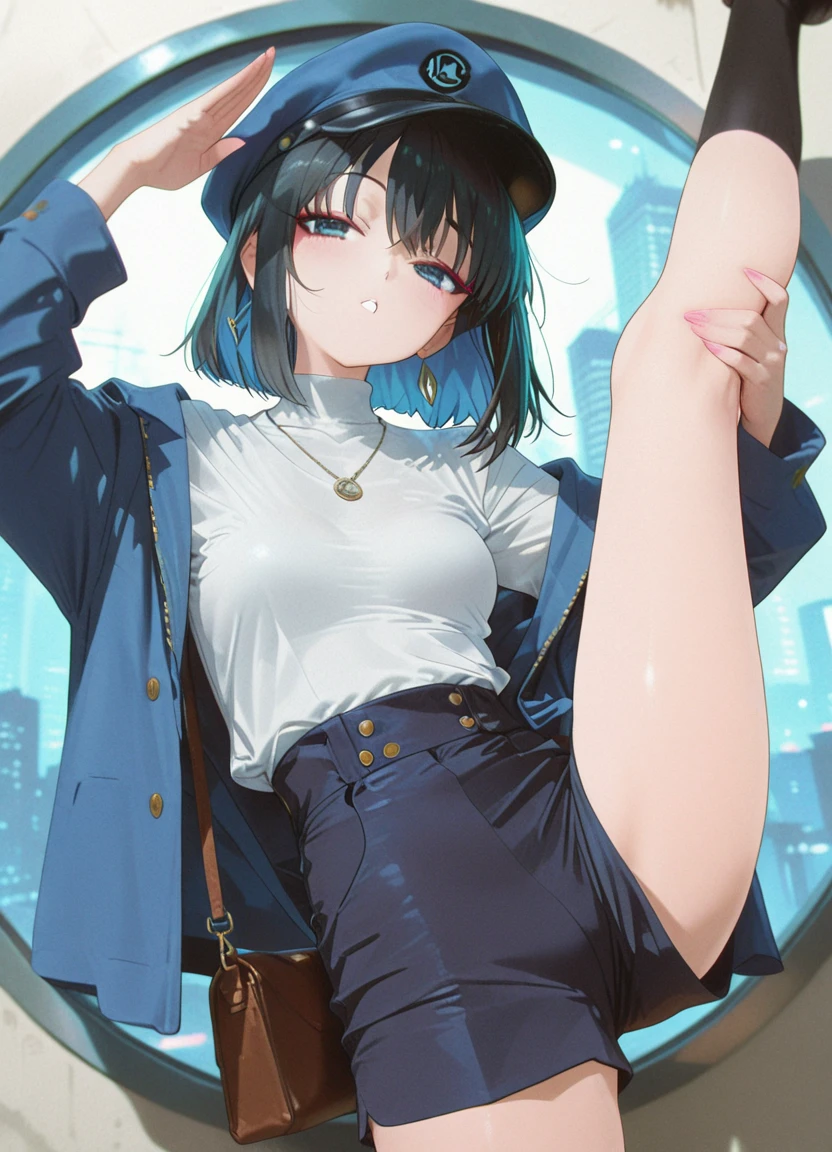 [AiPonyAnime:100], 
(face focus:1.0), from above, 1girl, 
nsfw, (((fellatio))), (penis on face:1.2), 
medium breasts, (black hair, short hair, wavy hair), green eyes, 
hairclip, circle glasses, 
smile, blush, grin, 
(parking lot),
(bare legs:1.2), (navel baring:1.1),
(blue costume:1.3),
(one shoulder tops:1.2),
(tight short sleeve jacket:1.3),
(short pants}),
(high heels:1.3), (knee boots),
(belt), earrings, choker, head accessories, arm bangles,
