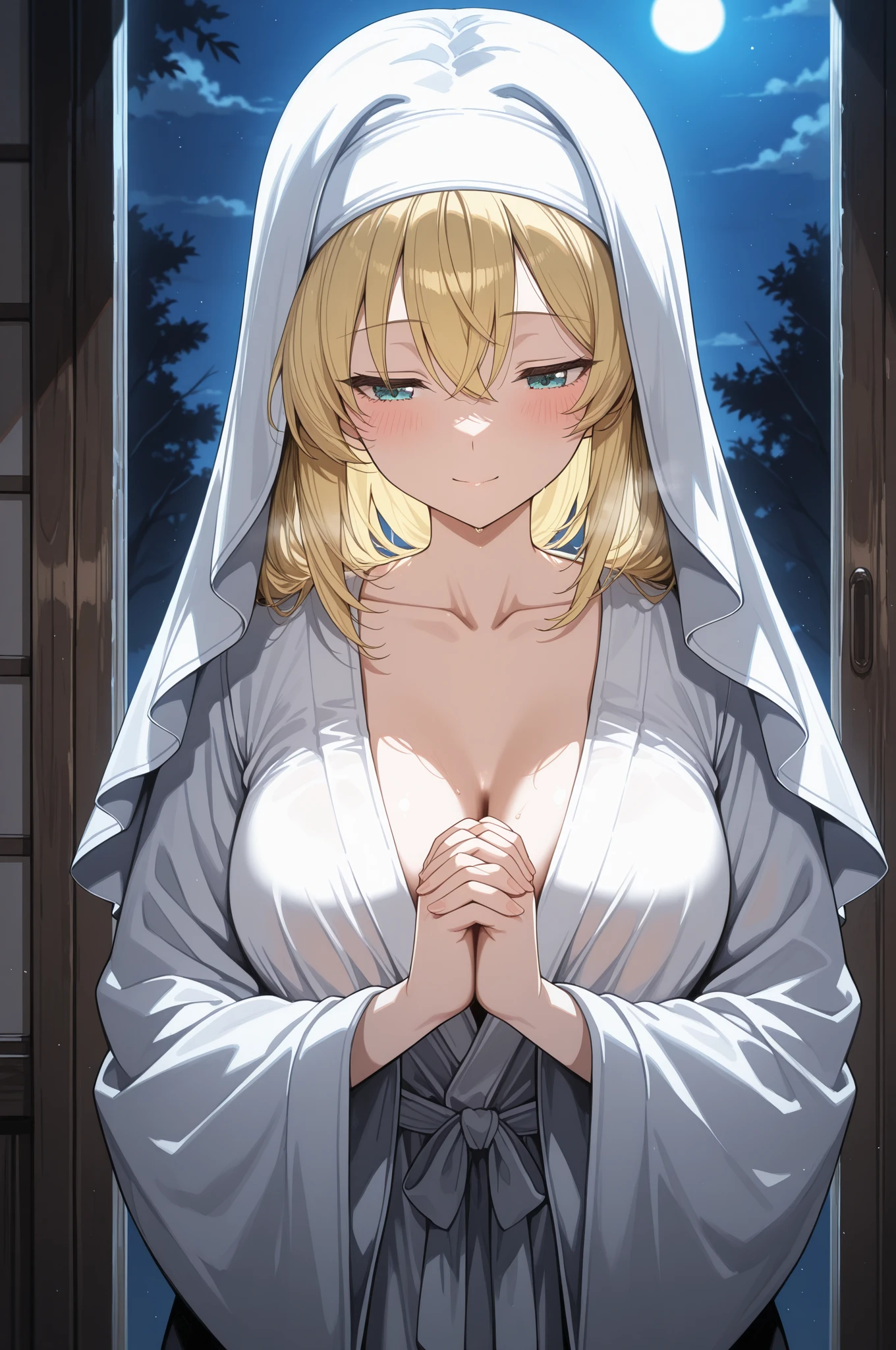 1 girl,dark eyes,Smile,light hair,masterpiece, best quality, very,(High lightness),(High Saturation),(ghost costume),(full Covered),(tight skin),(eyes,(nude),(nipples),(pussy),(exhibitionism),(Night),(open clothes)