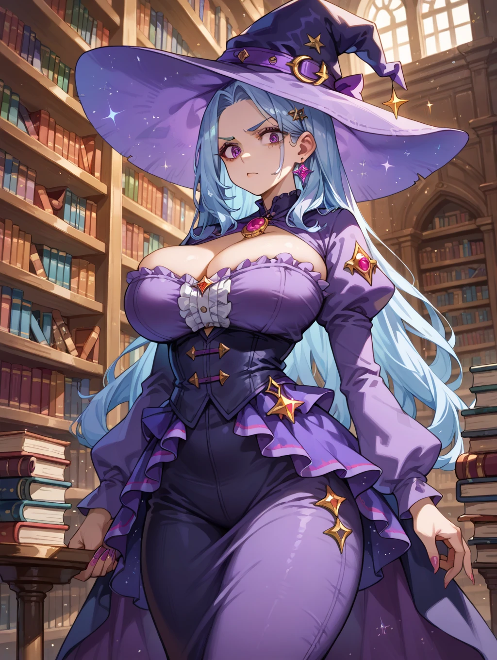 NSFW, masterpiece, super detailed, (((bimbo))), ((naughty look)), sorceress, (view from above), (Detailed nipples), textured breasts, puffy lips, purple lipstick, thick lips, (purple hair), (yeux magenta), huge breasts, ((sit at pov knees)), Scarlet Red Magician Outfit, fur coat,  Black Witch Hat, vie nocturne, Interior of a medieval library, fantasy library, Light from within