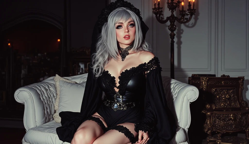 blond woman with a crown sitting on a bed next to a skull, scary queen of death, queen of death, goddess of death, dark goth queen with blue eyes, with a crown of skulls, wearing gothic accessories, high detailed transparent seethrough dress, small breast, clit, gothic maiden, gothic princess portrait, beautiful witch spooky female, adorned with demon skulls, beautiful vampire female queen, gothic maiden of the dark, full body view