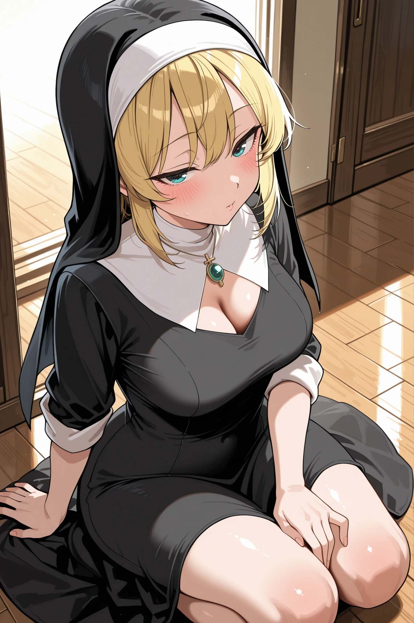 masterpiece, best quality,<lora:satoukuukiXL_ANI31_lokr_V42310:0.95> 1girl, sister claire, nun, white gloves, gloves, virtual youtuber, breasts, zipper, habit, solo, full-length zipper, capelet, white capelet, long hair, closed eyes, black dress, dress, long sleeves, blush, white background, sitting, simple background, zipper pull tab, large breasts, light brown hair, blonde hair, sweat, ribbon, white ribbon, thighs, dress lift, neck ribbon, sweatdrop, parted bangs