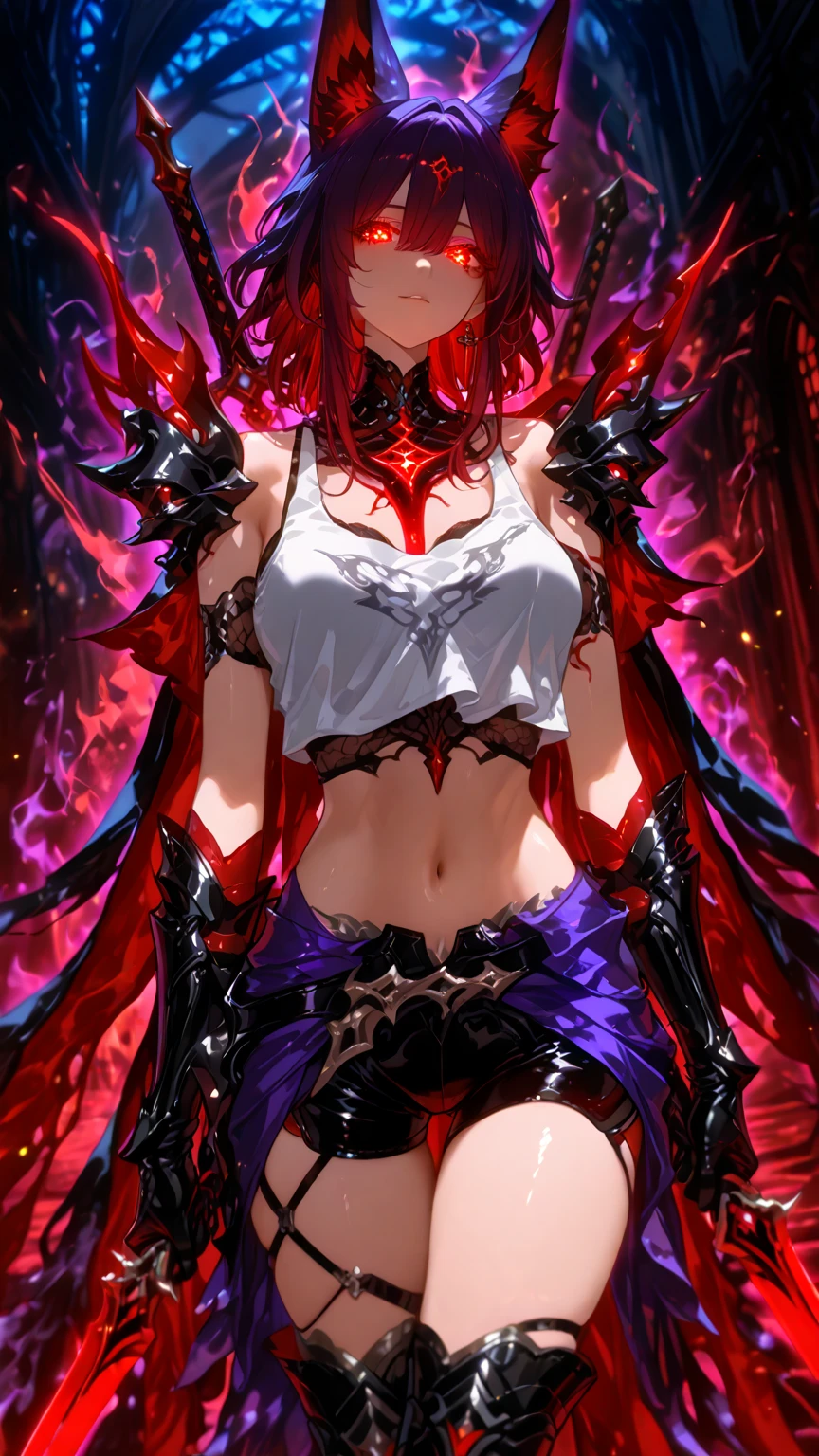 create me a genshin oc with genshin impact artstyle. she’s a morally grey characher, with red crimson as her color palette. she wields corrupt electro (red electro) power. she has a medium black hair with a little gradient of crimson red. she’s equal to gods in teyvat, and use polearm as her weapons