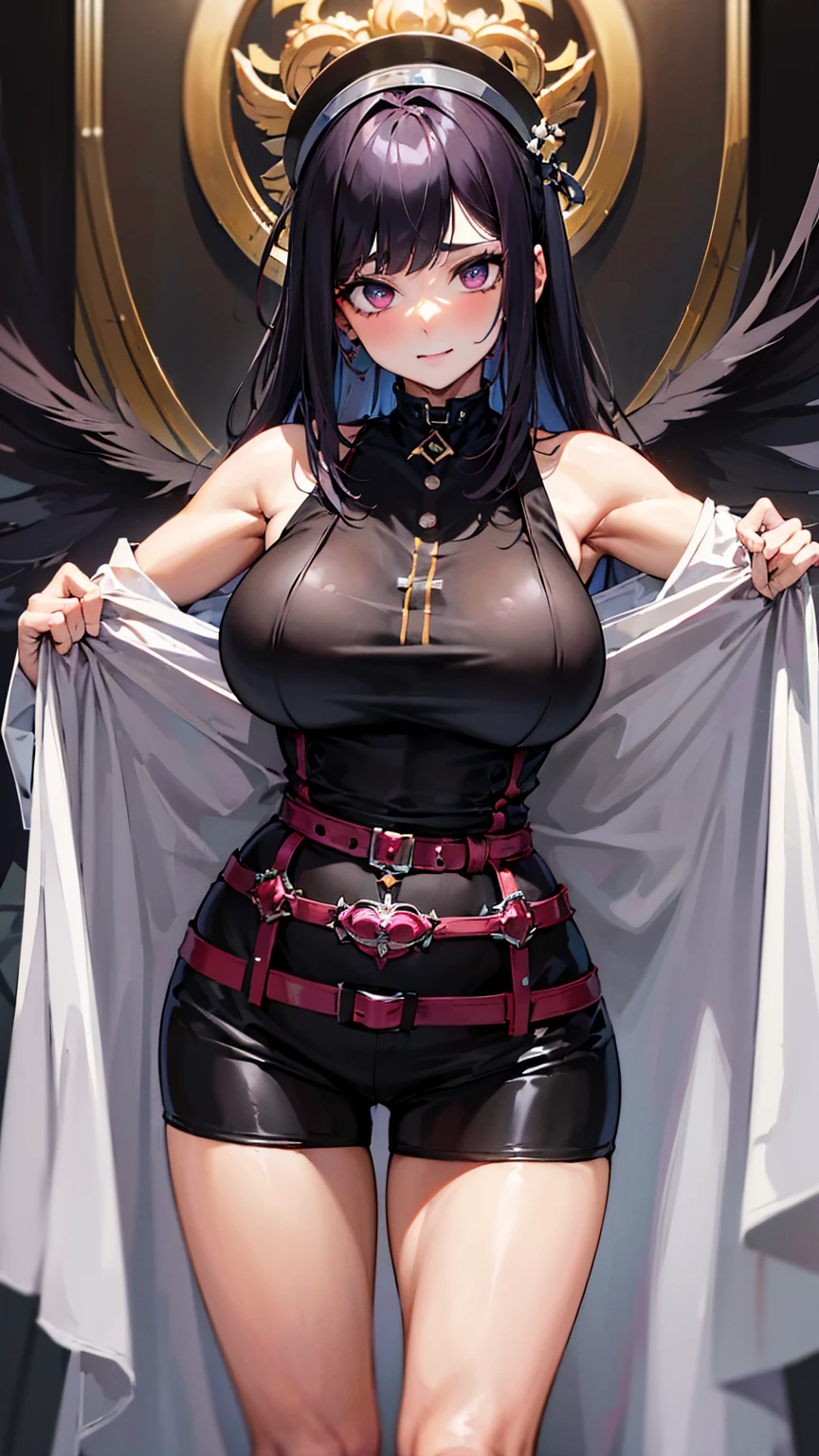 (high quality, 8k, 4K, high contrast, artwork:1.2, high quality, best aesthetics), ((1 woman)), erotic, sensual, mature body, super detailed, beautiful face detailed, beautiful eyes detailed, detailed beautiful mouth, perfect breasts, wide thighs, sexy body, (long straight black hair), (black eyes), (black lipstick), (black eyeliner), (black eyeshadow), (calm expression), (penetrating gaze), (black angel wings), (black cat ears), (black cat tail), (short black dress with short ruffled skirt and long sleeves), (centered), (looking at viewer), (standing), (inside a bedroom).
