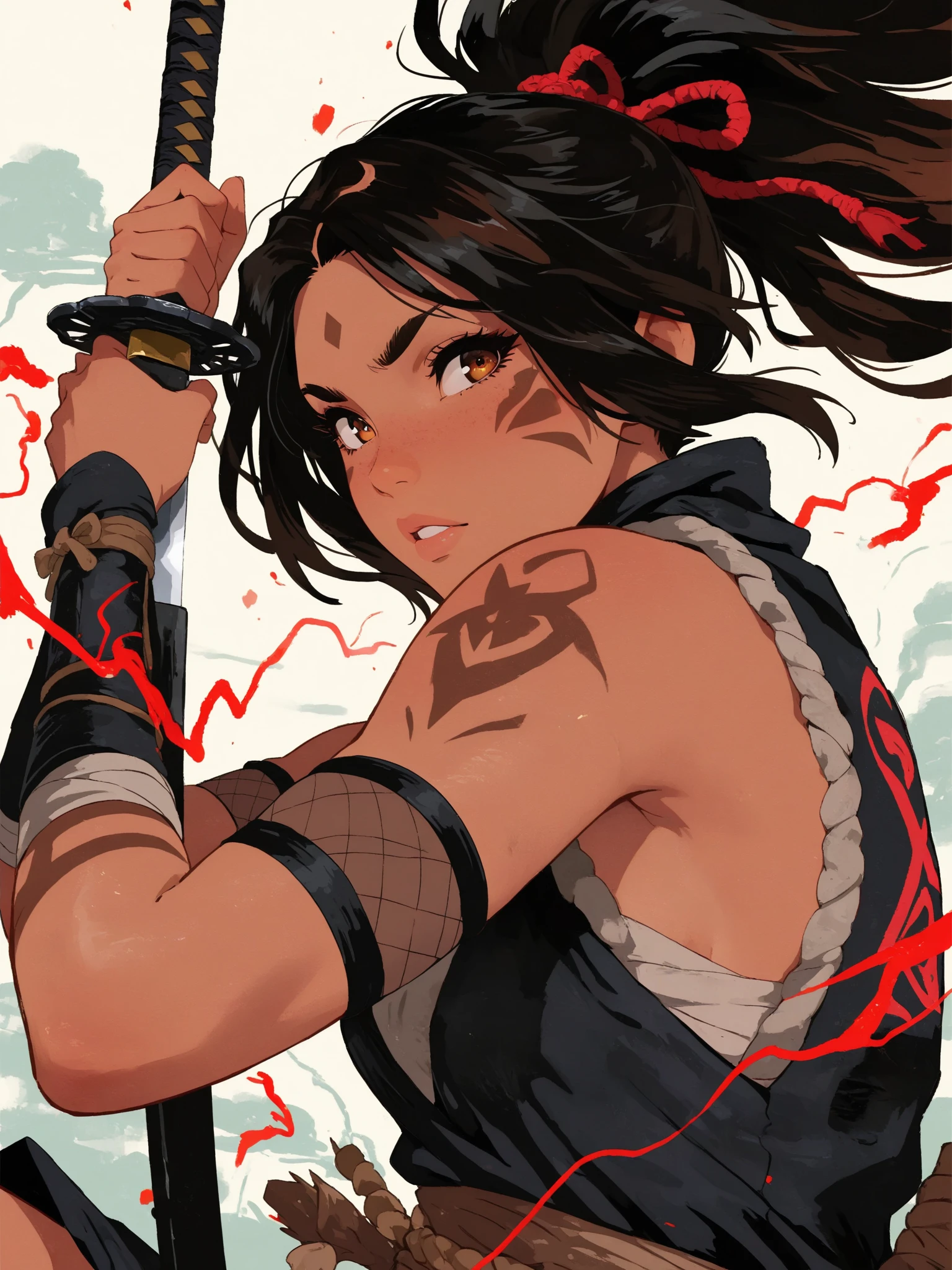 ((Simon Bisley)), Beautiful full-bodied woman, 30 years old, muscular and perfect body, samurai warrior with little clothing, tiny thong, large breasts, generous neckline, holding a blood-stained katana sword, Japanese, eyes pulled, samurai clothing, straight black hair, brave face, dark kingdom, sexy pose, walking among bamboo forest