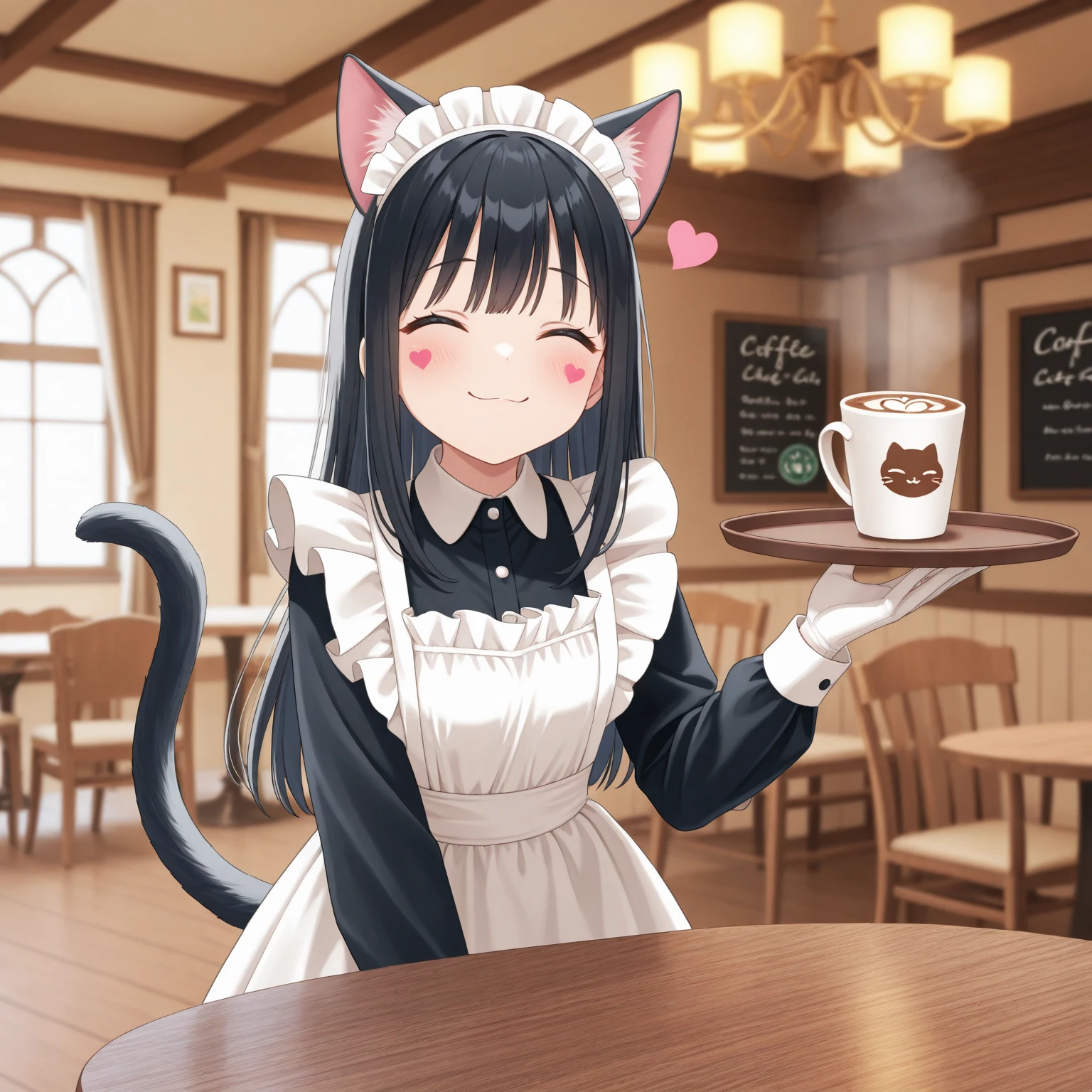 (masterpiece), (best quality), (intricate_details:1.1), (finely detailed:1.4), (distinct_image:1.2), (cafe background), solo girl, cute, (face focus), shiny red eyes/black hair, cat ears, smooth lighting, black shirt, [skirt],