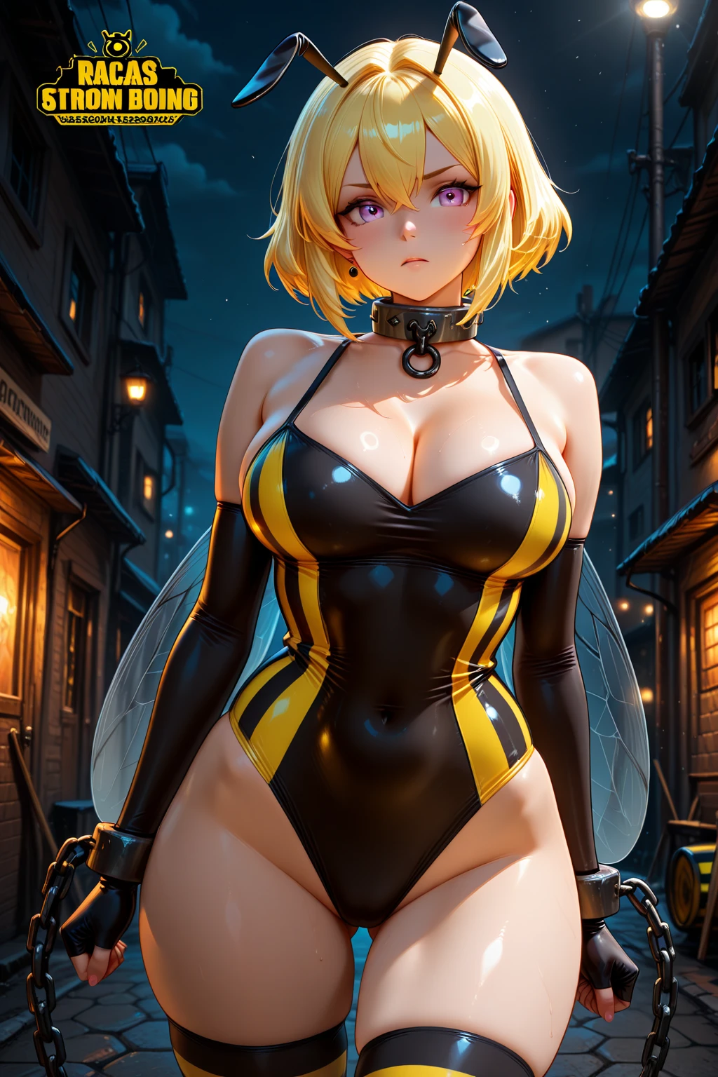 masterpiece, high quality, detailed eyes, 
1girl, solo, golden_darkness, long hair, hair intakes, hair between eyes, very long hair, two side up, hair ornament,  (mature female, milf:1.4), ( huge tilts:1.1), (voloptuous:1.2), tall, leggy,dark skin, tan, blonze skin,wet skin, oiled skin, shiny skin, light smile,  (muscular:0.7), (pubic tattoo:1.1),
solo, looking at viewer, summer vacation, contrapposto, navel, cutout one-piece swimsuits, choker, thigh strap, thighhighs, skindentation, covered nipple,cleft of venus, pussy, cameltoe,
