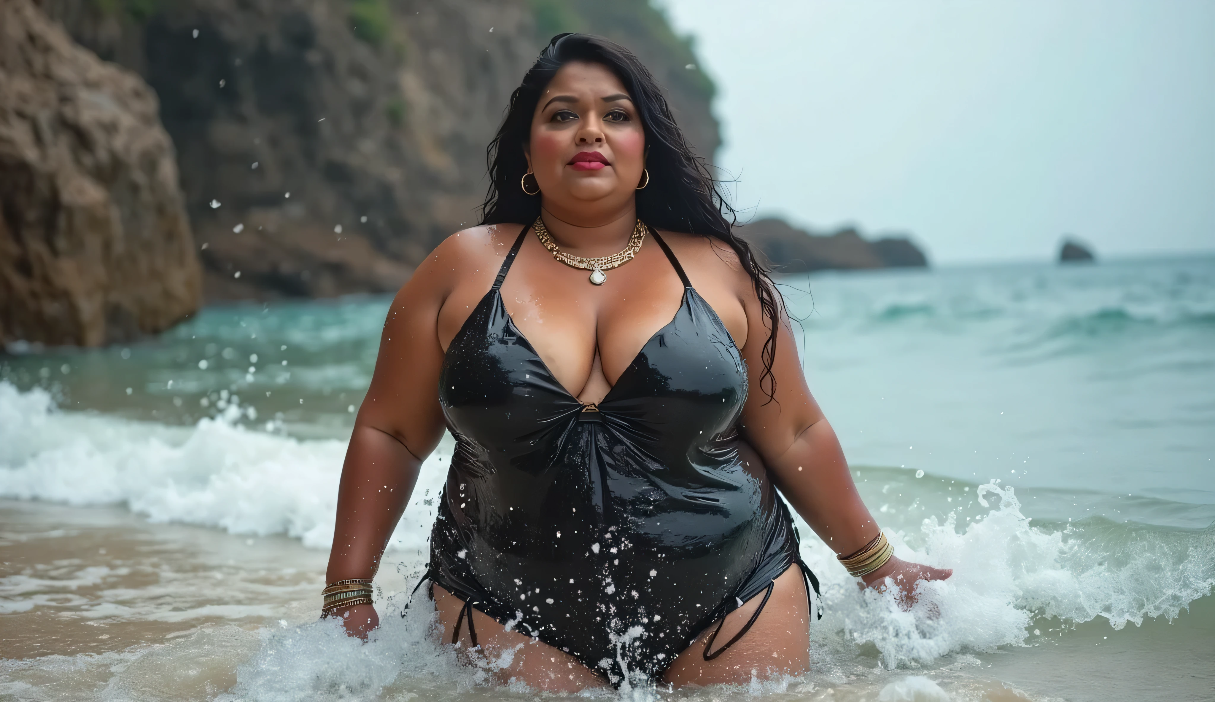 full body picture , Henna Tattoo, BBW Wet curvy, wet Desi MOMMY showing her big ass in sexy pattern proper visible bikini and showing cleavage inside bra and in nose ring, many bangles in hands,earings, necklace ,lipstick ,navel,Indian, Chubby, showing her curves in sea water, sea waves , rocks,