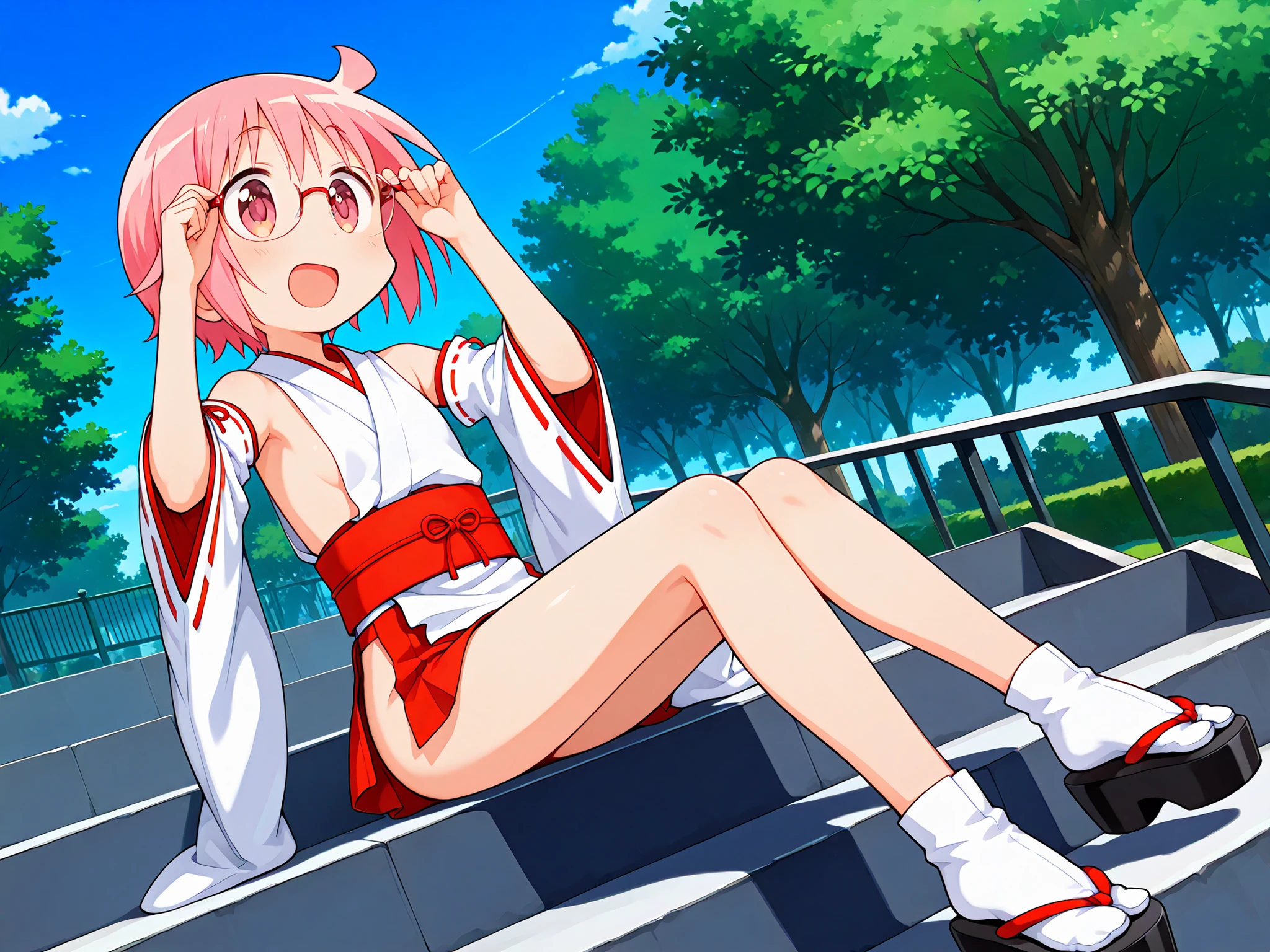 nonohara yuzuko, pink hair, short hair,(ahoge), pink eyes,bangs,((anime style)),score_9, score_8_up, score_7_up, source_anime,solo,1girl, ((miko)),  ((((mini slit red skirt)))),black okobo,tabi,((Obi)) ,((Obi knot)), (flat chest) , ((side boob)) , (No panties) , ((exposed shoulders)) ,((detached white sleeves)),(ribbon-trimmed sleeves),happy,(((park stairs))),((blue sky)),(sitting on stairs),((dramatic angle)),((((one reg up)))),(((both hands on glasses both string))),

