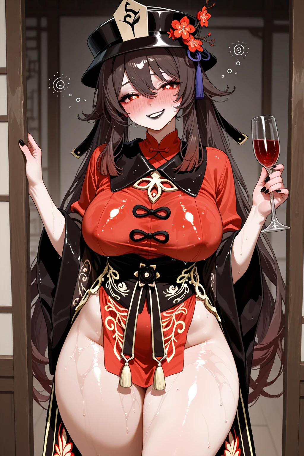 girl in red dress, brown fur, tight jinn, medium breasts and medium ass and she shows her breast from which milk comes out