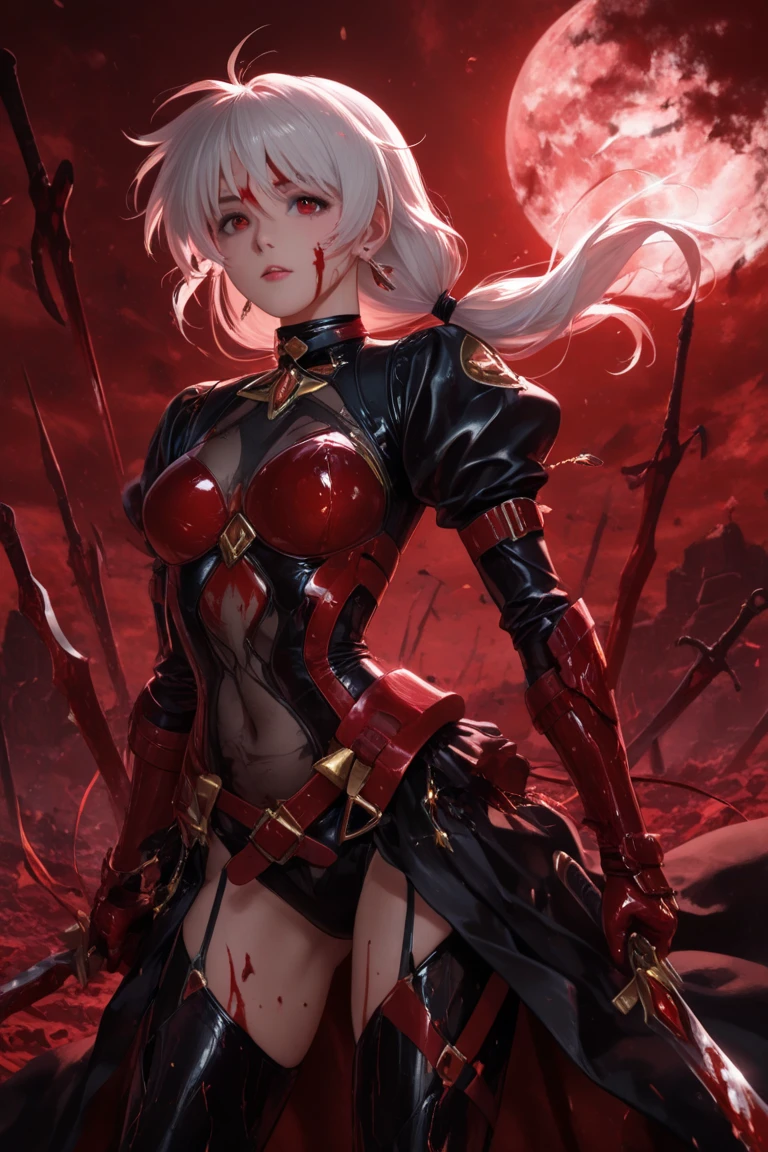 {beutiful girl, ((25-year-old girl with very slim body, Machinist corps:1.5)}, Thin legs, fine grain, white long hair, Detailed fingers, thin, Sexual, Ecstasy facial expression, (Super big bouncing firm bust:1.3), (sexy see-through mechanical suit, scarlet lined long cloak from shoulder, The chest part of the suit is widely open, Chest exposed:1.5), lakeside, (sexy dynamic posing, sneer:1.3), (in battle:1.5), { (bloody, many decapitated corpses:1.5), on top of hill, wide view, (spooky, creepy, big blood moon, moon night:1.3)}