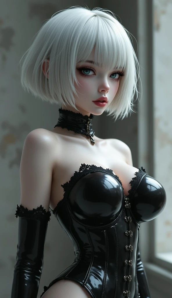 (((Top Quality: 1.4))),(Unparalleled Masterpiece), (Ultra High Definition),(Ultra-Realistic 8k CG),art by Luis Royo, 23-year-old gothic punk girl, beautiful Asian woman with White hair in curls and coils) (wearing a White corset, white panties, neck wrists and fingers, ((beautiful big blue eyes looking up at the viewer, black shiny lipstick, perfect Asian goth cyber makeup)) double d breast, detailed cute face, white hair, gothic punk fashion, highly detailed gothic fashion, short skirt, heavy make up,),(dark red lipstick), size, Backlight effect, lens flare, depth of fields, blurry backround,Detailedface,1 girl, Detailed eyes, ( hair bangs,(thigh up shot image :1.5),