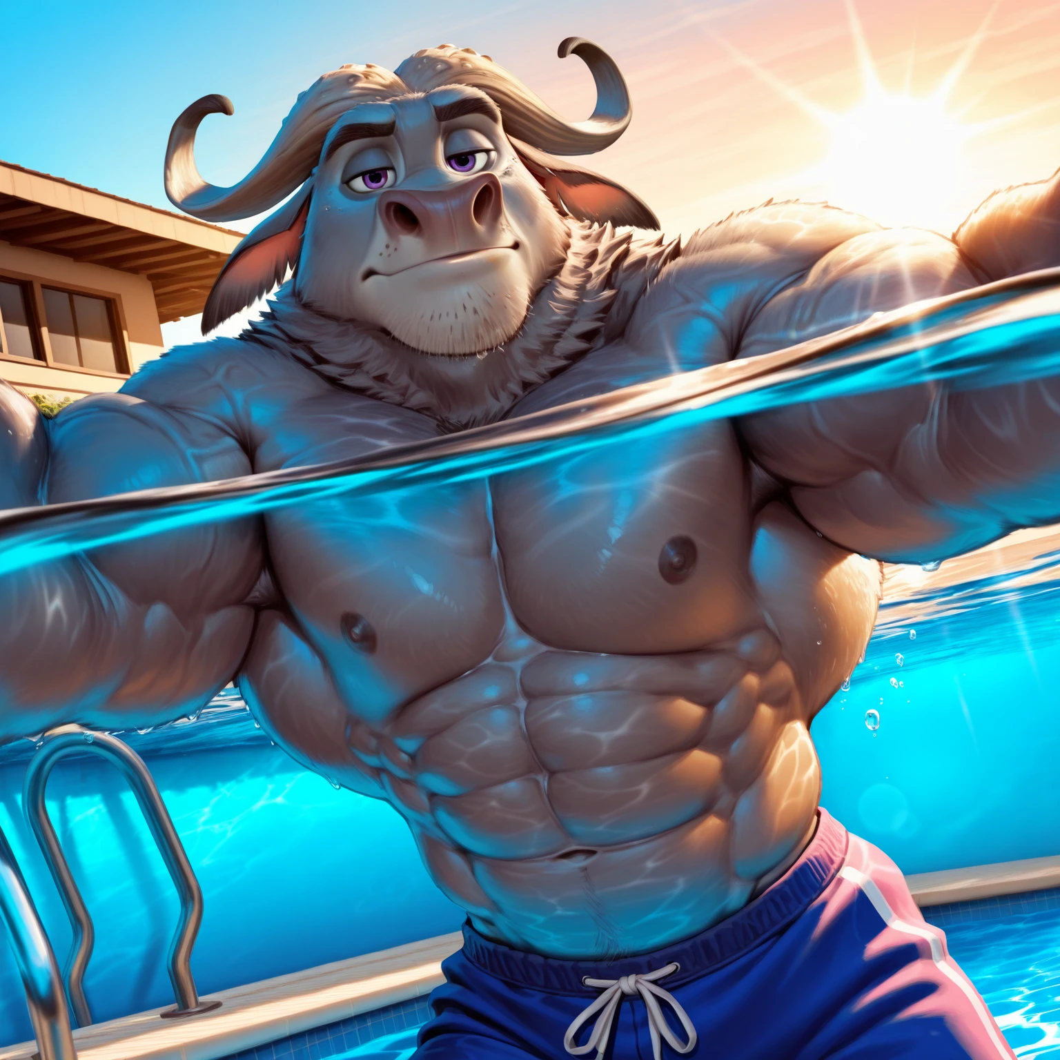 masterpiece, best quality, 8k resolution, Very detailed, hairy，(((buffalo))，(((Mature)))，(((Strong)))，(((Dark gray hair)))，portrait，(((Sitting in the pool)))，For the audience，Highest quality scene，(((whole body)))，(((Sweating)))，(((thong)))，(((Shirtless)))，((Fat-enclosed muscle))，(((Shameful)))，((Blushing))，(((Round face)))，(((alone)))，((VR glasses))，(((Strong body)))，(((Hip bulge))),(((Tongue out)))