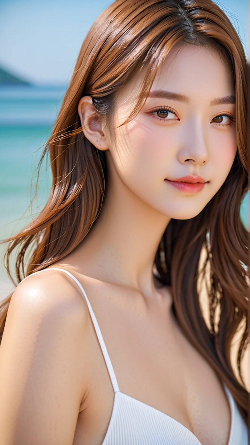 portrait of soyeon girl gradient brown hair, gray hair, Short curly, small, slender, double, disheveled hair, fine collarbone, wearing swim suit in the beach, Knitted deep V-neckline slip dress, medium breasts, sideboob, big chest, bare waist, cleavage:1.3, (8K, RAW photography, Best quality, Masterpiece: 1.45), (Realistic, Photorealistic: 1.37), Professional lighting, Photon mapping, Radiosity, Physically Based Rendering, Masterpiece, Rich Detail, (Fine Face),(Fine Eyes), (Clear Face), (Detailed Face Description), (Detailed Hand Description),