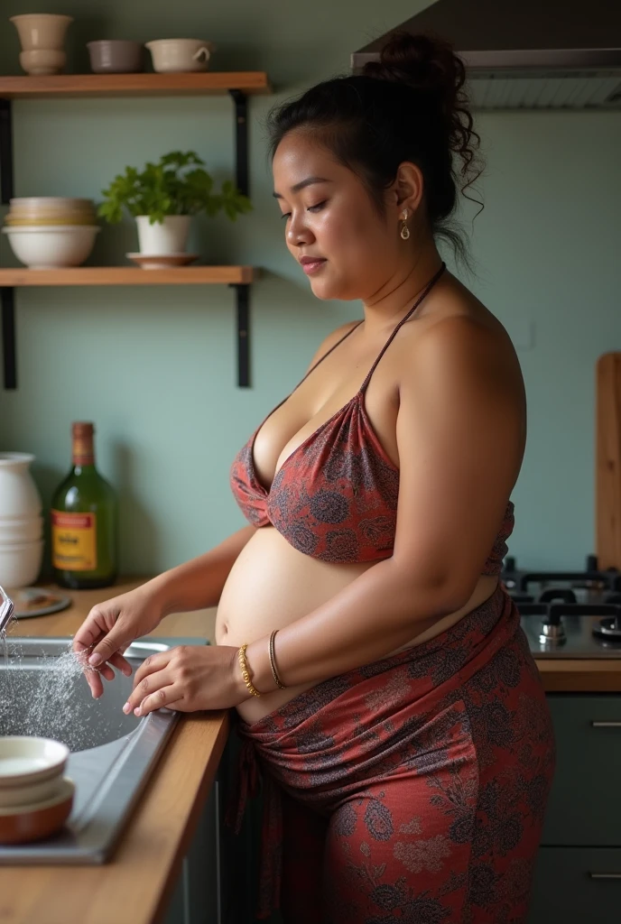 raw photo,looking at viewer,HD,4K,big tits(shirtsqueeze),pregnant woman in kitchen with food and milk in pan, cooking show, cooking, her belly is fat and round, cooking it up, she has a jiggly fat round belly, in the kitchen, in a kitchen, high quality , pregnant belly, thicc, indonesian celebrity, pregnant, belly, gif, gourmet cooking, yummy, cooking oil, cooked to perfection(squeeze her tits)