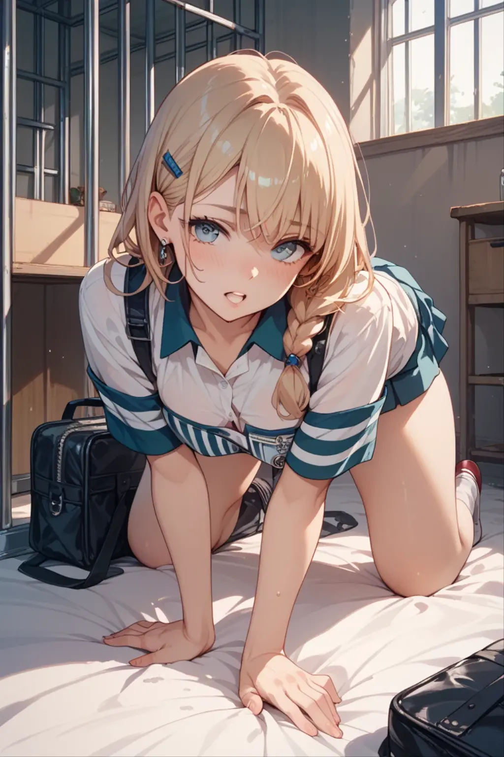 best quality, (masterpiece:1.2), illustration, absurdres,
(1girl, solo), (beautiful detailed girl),
<lora:Tita:0.9>, Tita Russell, blue eyes, blonde hair, long hair, ahoge, small breasts, flat chest, petite,
goggles on neck, green hoodie, blue shirt, miniskirt, black socks, red shoes,
inside workshop, mechanical workshop, inside factory, tools, machinery, robot workshop, working, sweat, engineer, intricate detailed workshop, stained clothes, oil stains,
looking at viewer, smile, blush,
((all fours)), (upper body, portrait),