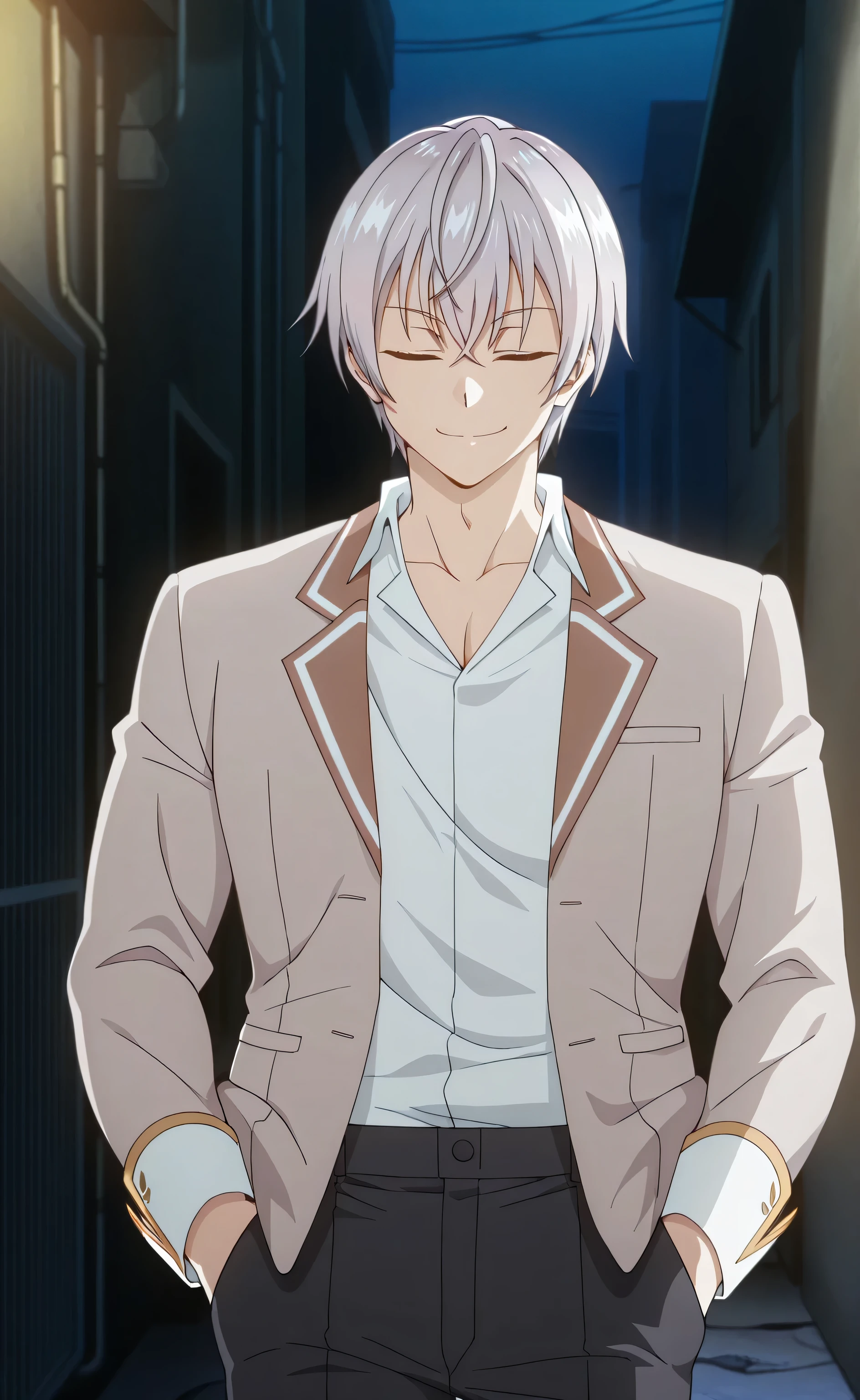 1male,solo,Gin Ichimaru,short hair,silver hair,closed eyes,smile,beige blazer,white Dresshirt,Black pants,big muscle,alley,night,hand in pocket,villain,(Tokidoki Bosotto Russia go De Dereru Tonari No Alya san [Anime style]）
