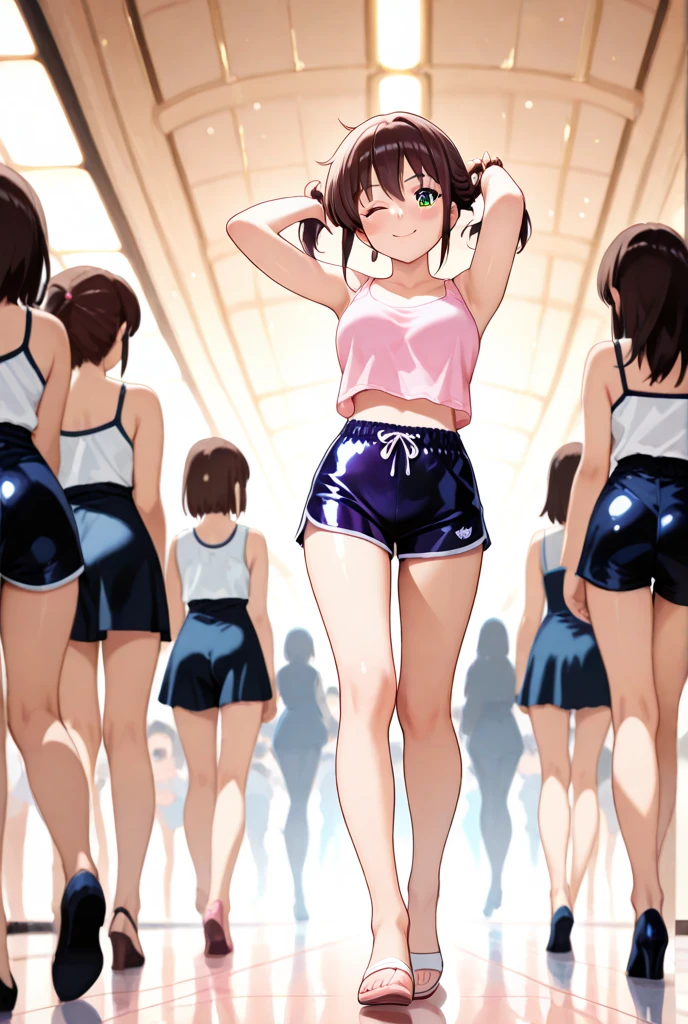 (masterpiece, best quality), (locker room), multipe girls,petite, loli, slim, white panties, crop top, flat chest, standing in locker room, selfie, fun,, emotional, wide angle, bright, best shadows, watercolor,