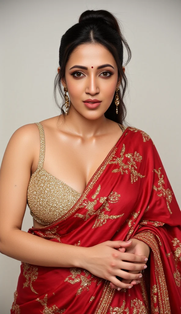from bottom view, extreme close up photo of naked indian as prostitute, seducing erotic and fully bending over in a bed, big cheeks, hourglass figure, swooping breasts, try blowjob ,wide open legs, showing armpits to viewer, French braid hair, sultry, red blouse and green embroidery floral design saree, necklace, look at viewer and smile, (cinematic:1.3), intricate details, (ArtStation:1.2)