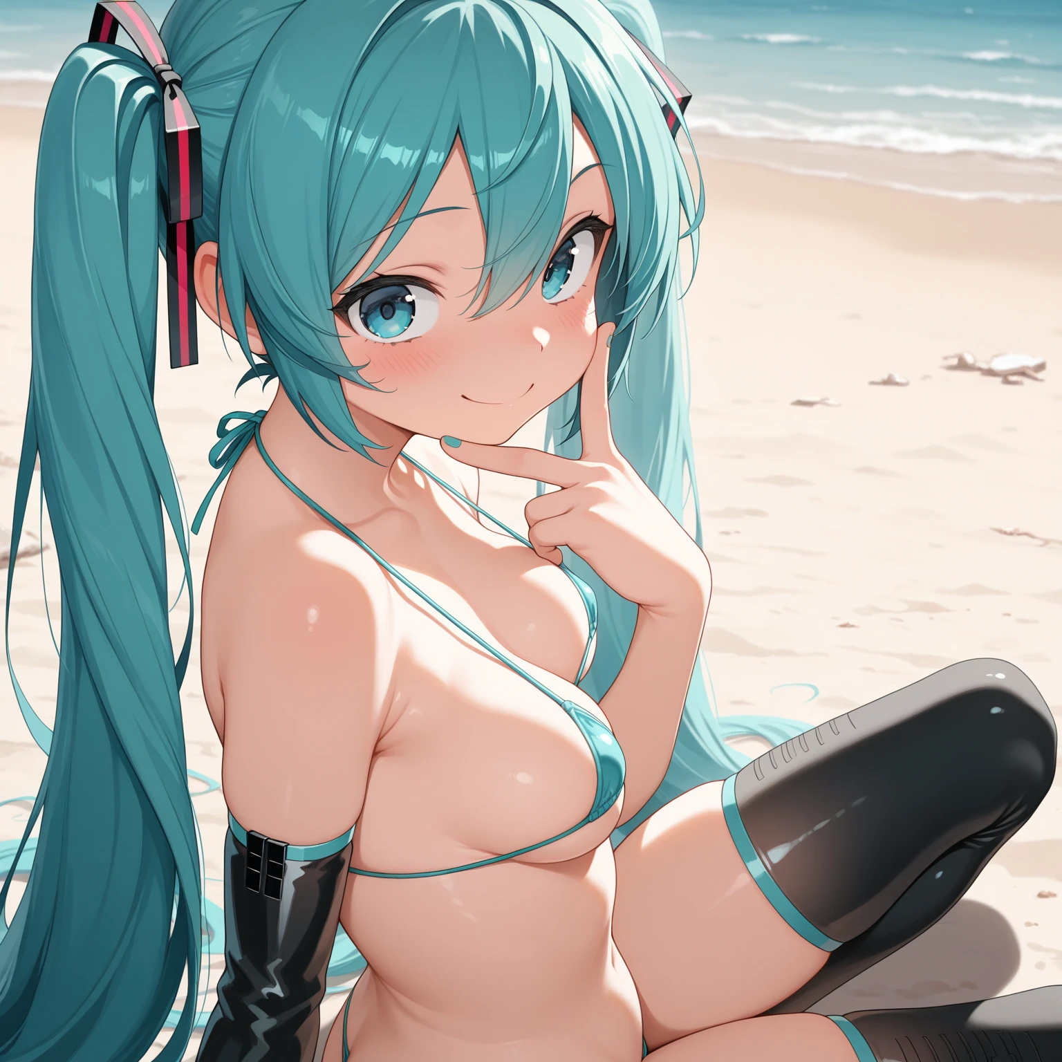 nsfw, topless, Small breasts, Slender figure, smile, Provocative, Perfect body, Mirai, Outdoor, Beach, light blue striped panties, Spread your legs, spread pussy by own fingers, Move the camera closer, Be bold, 