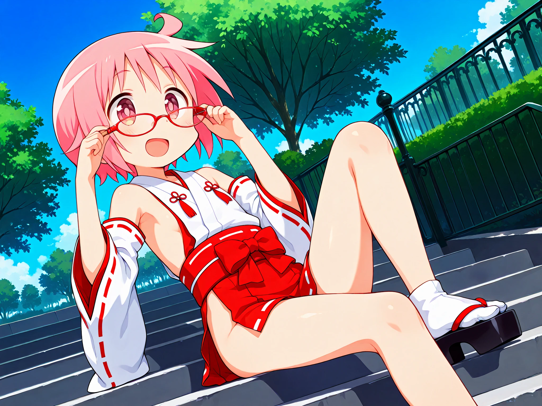 nonohara yuzuko, pink hair, short hair,(ahoge), pink eyes,bangs,((anime style)),score_9, score_8_up, score_7_up, source_anime,solo,1girl, ((miko)),  ((((mini slit red skirt)))),black okobo,tabi,((Obi)) ,((Obi knot)), (flat chest) , ((side boob)) , (No panties) , ((exposed shoulders)) ,((detached white sleeves)),(ribbon-trimmed sleeves),happy,(((park stairs))),((blue sky)),(sitting on stairs),((dramatic angle)),((((one knee up)))),(((both hands on glasses both string))),

