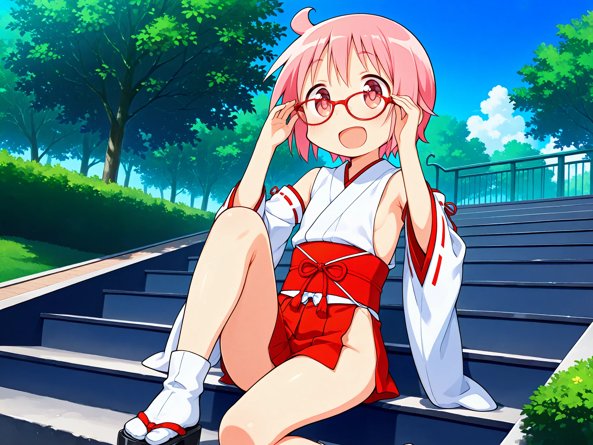 nonohara yuzuko, pink hair, short hair,(ahoge), pink eyes,bangs,((anime style)),score_9, score_8_up, score_7_up, source_anime,solo,1girl, ((miko)),  ((((mini slit red skirt)))),black okobo,tabi,((Obi)) ,((Obi knot)), (flat chest) , ((side boob)) , (No panties) , ((exposed shoulders)) ,((detached white sleeves)),(ribbon-trimmed sleeves),happy,(((park stairs))),((blue sky)),(sitting on stairs),((dramatic angle)),((((one knee up)))),(((both hands on glasses both string))),

