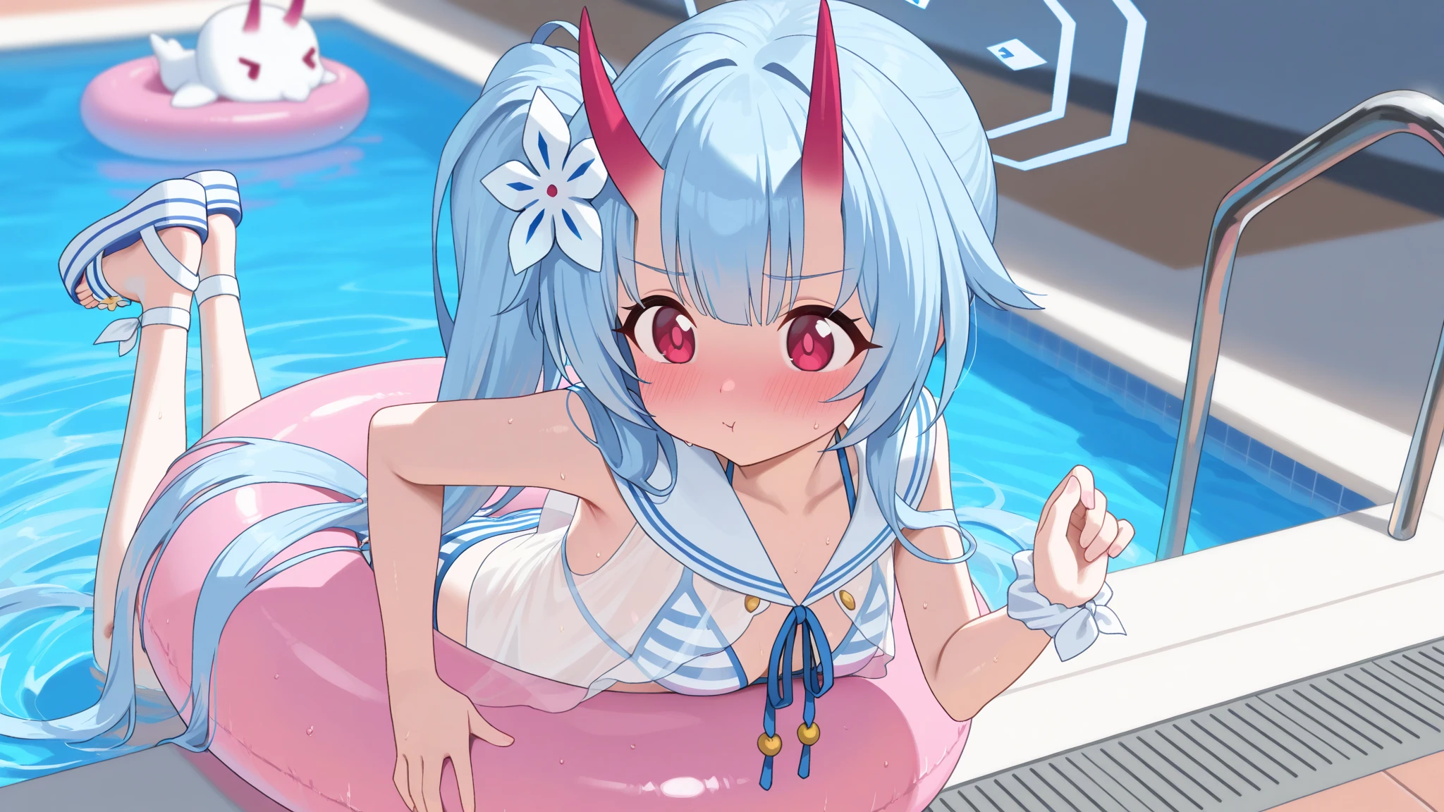buzzer、1 girl、Silver Hair、((Pink sparkly eyes))、A sloppy smile、Open your mouth、Swimwear、Lie down