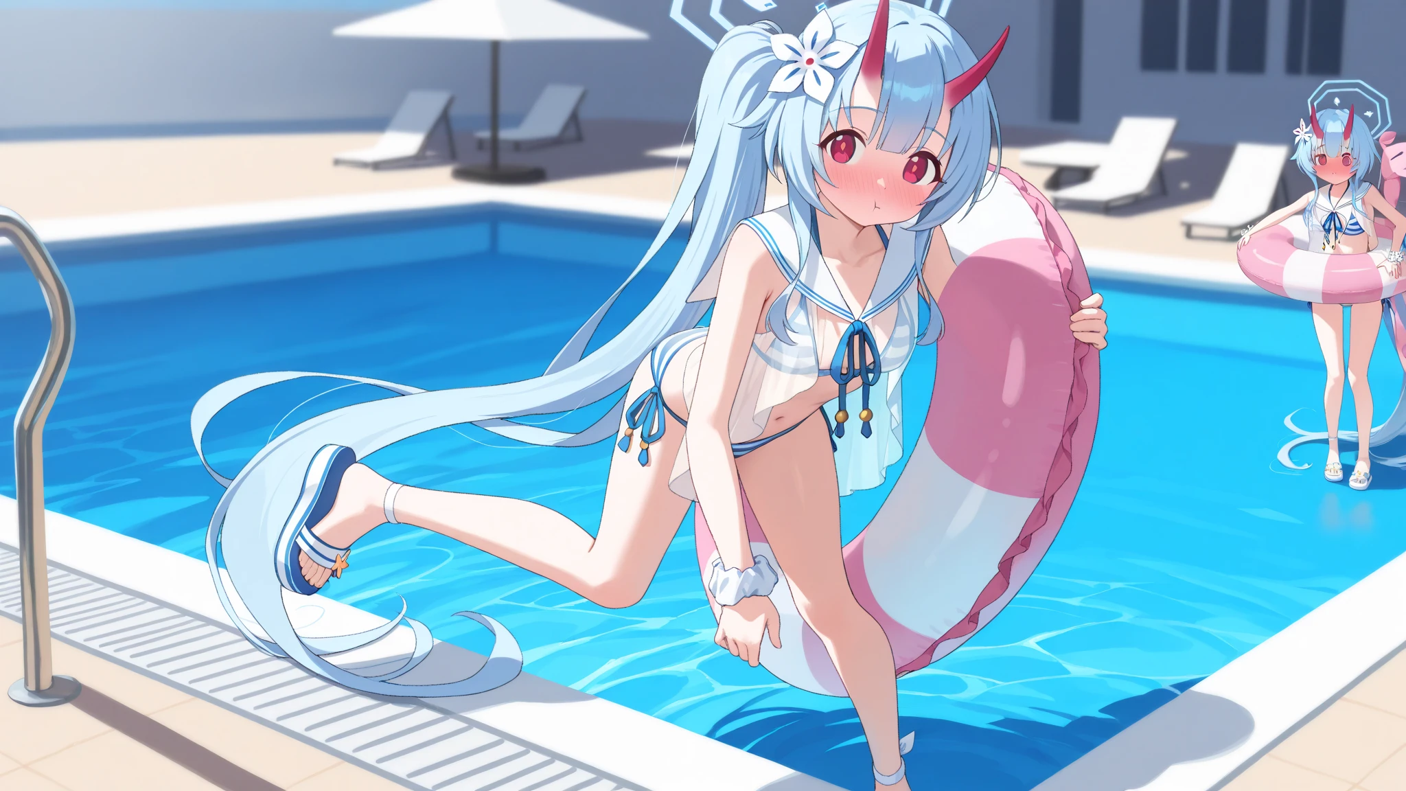 Highest quality, 4K, One woman in a swimsuit, Blue hair long, Big eyes, Young face, Ahegao, Cat ear, Small modest breasts, Small breasts, Slender Body, ((White micro bikini, Belly button exposed, Nipple erection)), Kneel on the beach, Stick your butt out, forward leaning posture, Cat Pose, ((A close-up of the crotch from a low angle, Inserting a white tail dildo into anal)), Place both hands on the ground, Get wet, Sexy pose