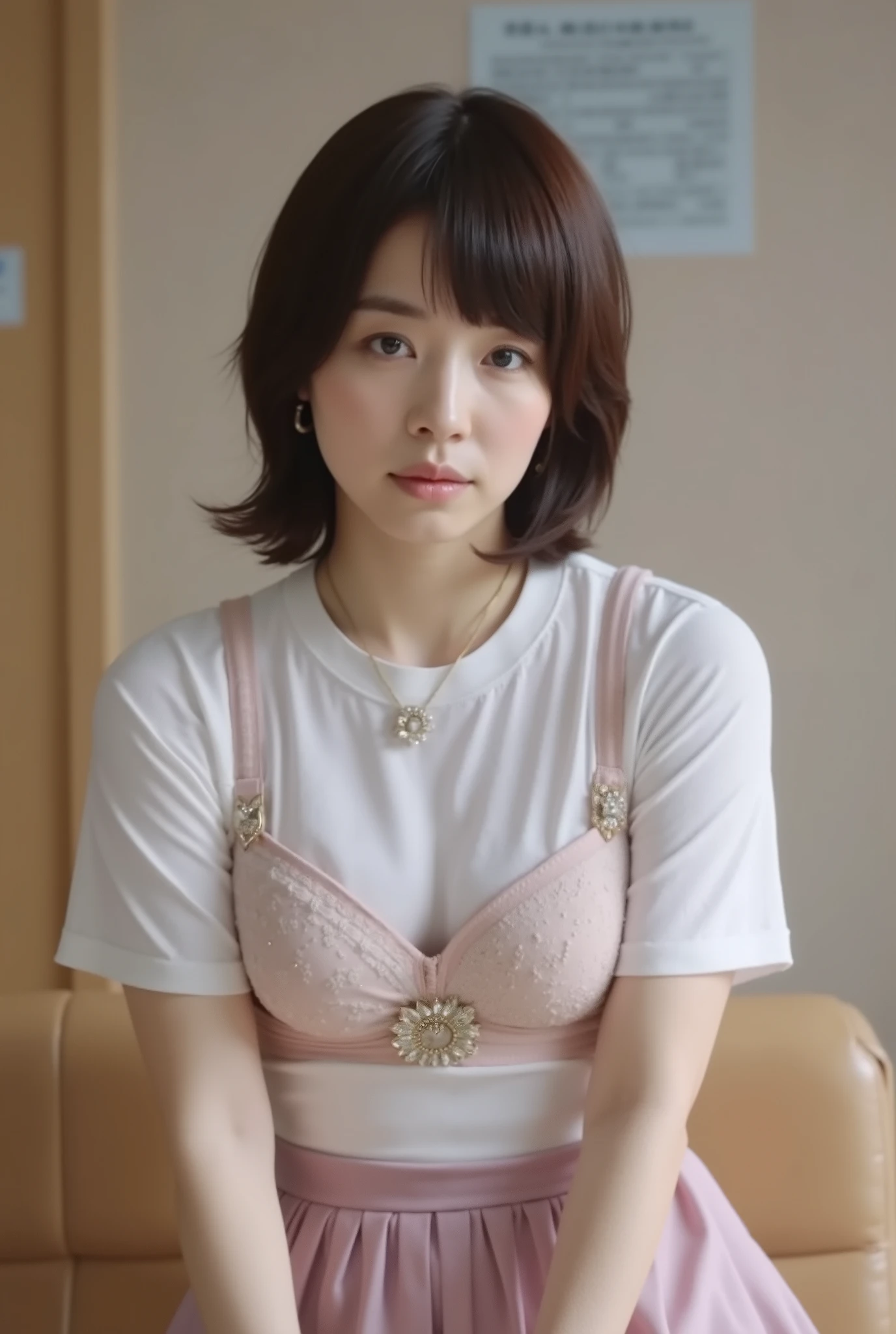 Japanese High School Girl, down blouse , Munechika,(((small breasts))),(slender) , (((flat chest))), irritability, ((((」, Japanese girl in a loose costume signing in front of her desk)))),close-up, necklace , ((highly detailed realistic bra with embellishments)) ,((overlapping short sleeve t-shirt)), short hair,masterpiece, top quality, (realistic, photo-realistic:1.4), (raw photos:1.2), Very Detailed CG unity 8k wallpaper, delicate and beautiful, amazing, Precise Details, official art, very high resolution, incredibly very high resolution, Huge File Size, Super Detailed, Very Detailed, Very Detailed girl, Young face、Young Body、((((long skirt)))) ,(masterpiece:1.2, top quality), (Very Detailed:1.3), One Girl,short hair, 