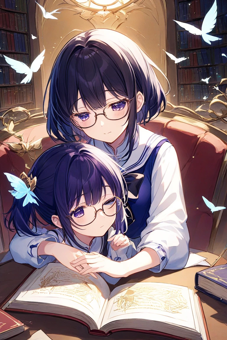 2 people , mother big, daughter small, Books, (masterpiece, highest quality),(Detailed Hair), ((mother wears glasses)), ((daughter doesn't wear glasses)), Super detailed, Anime Style, whole body, cute, whole bodyきぐるみ, red hair with ponytail mother, blue haired daughter,yellow eyes mother, pink eyes daughter,ponytail mother, short hair daughter,Digital Painting, 8K High Resolution, whole body, White Background, Dynamic pose, Dynamic composition, smile, pastel colour, stars, (motherly figure), mother and daughter, crystal