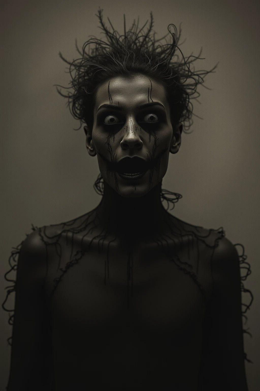 Boy with long messy hair and a shadowed face, only a red eye and his teeth visible on his shadowed face, hyper-realistic, artistic, all black and white