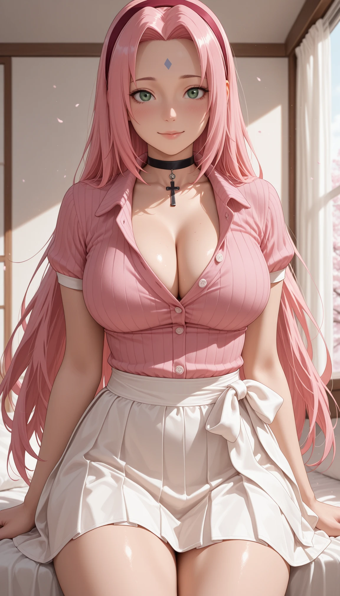 Medium round breasts, (1 mature Girl), ((neon light pink hair: 5.2, long and messy wavy, hair over one eye)))), blue eyes, double eyelids, light effect in the eyes, wide hips, blouse red long sleeve, tiny pleated skirt, naughty smile, ((sexy body)), solo, best quality, masterpiece, portrait, flirting with viewer, sensual pose, detailed, perfect anatomy, detailed art, high definition, 4k , high resolution, inside the country house