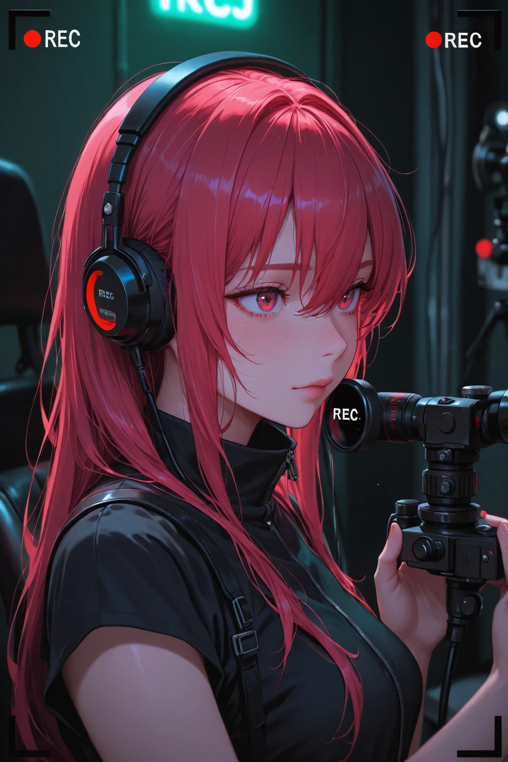 short hair, (Red hair:1.2), x Hair ornament, Red eyes,girl,One person,Highest quality, masterpiece, High resolution,night、DJ headphones, mixing console, music club, night club, 