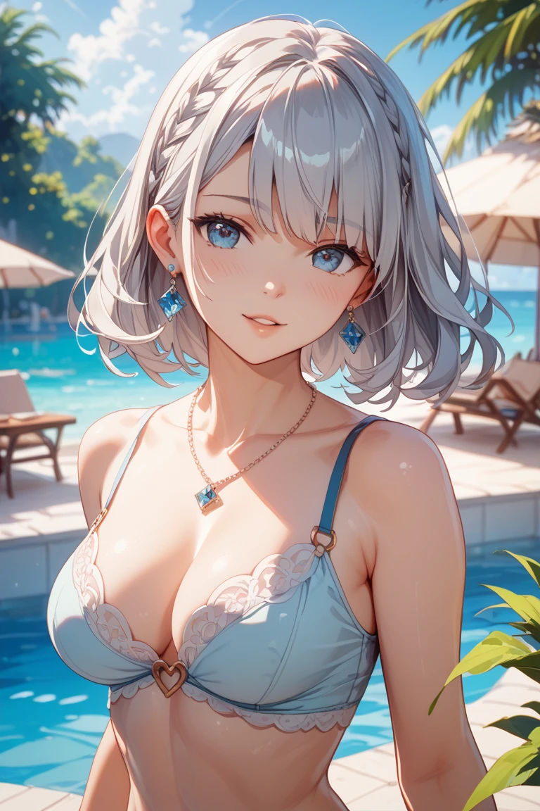 masterpiece, best quality, 1 solo girl, white hair, blue eyes, short hair, medium breasts, sexy body and face, wavy hair, smile, white bikini, pendant, bracelet, jewelry, earrings, feather hair ornament, ball, lying at the sand, summer, sexy pose, cowboy shots, detailed body, face, and eyes, sharp focus, vibrant, creative, dynamic, high definition, high resolution, 8k, (Upscale: R-ESRGAN 4x+ Anime6mage enchance:4x), voluptuous body, cinema lightning, dakimakura style, looking at the viewer,